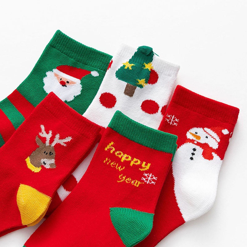 Set 5 Đôi Vớ Cotton Dày Dặn Họa Tiết Giáng Sinh Dễ Thương Cho Bé