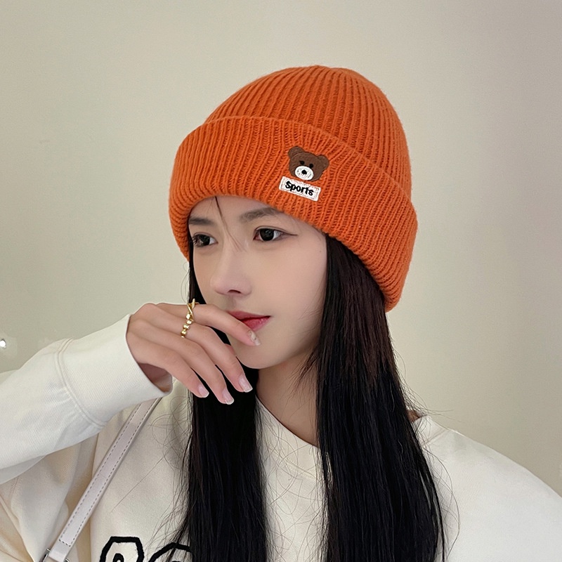 Mũ len dệt kim thêu họa tiết gấu hoạt hình thời trang cho nữ