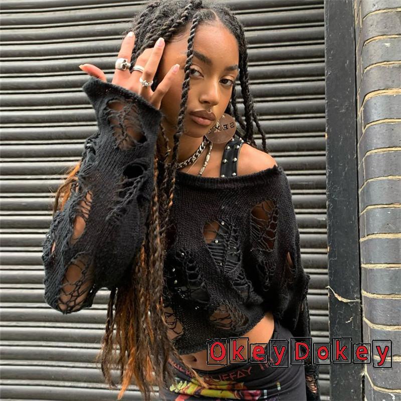 Áo Thun Cổ Tròn Khoét Lỗ Y2K Màu Đen Gợi Cảm Cho Nữ