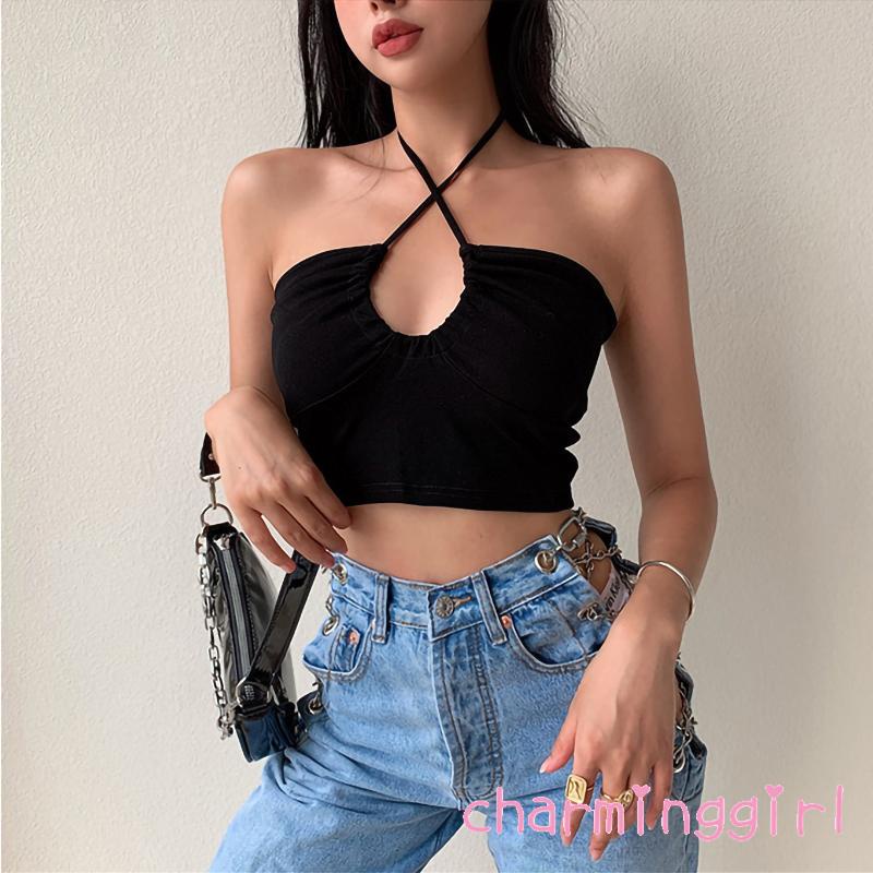 Áo croptop không tay màu trơn thiết kế thời trang quyến rũ cho nữ