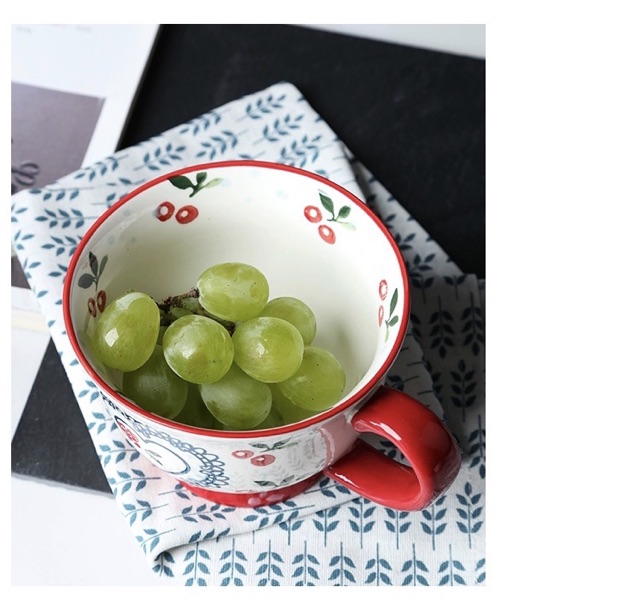 Cốc có quai cỡ lớn 350ml hoạ tiết cherry phong cách Bắc Âu (dáng loe)