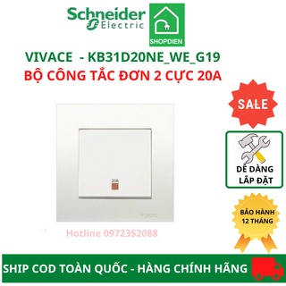 Bộ công tắc 2 cực 20a, công tắc bật bình nóng lạnh có đèn báo schneider vivace kb31d20ne_we_g19 86mmx 86mm