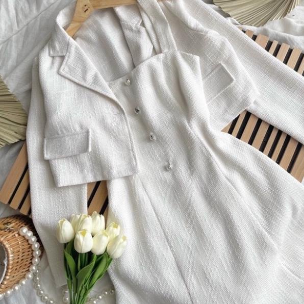 Set Đầm Công Sở - Váy Đầm 2 Đây Kèm Áo Khoác Dạng Croptop Cổ Vest Siêu Sang (Hàng thiết kế) J2K