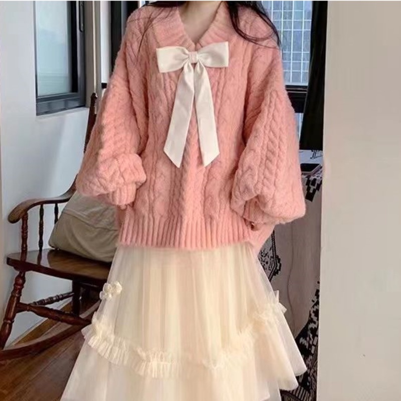 Áo Sweater Cổ V Dáng Rộng Màu Hồng Thời Trang Mùa Thu Cho Nữ