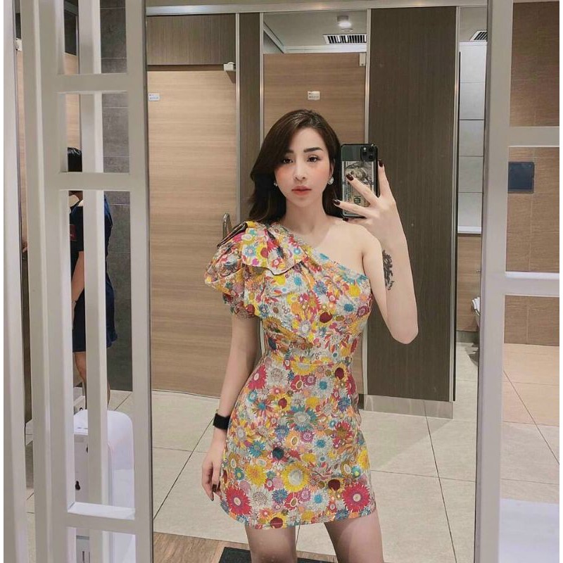 Đầm body lệch vai nơ họa tiết hoa lá ( có mút ngực)