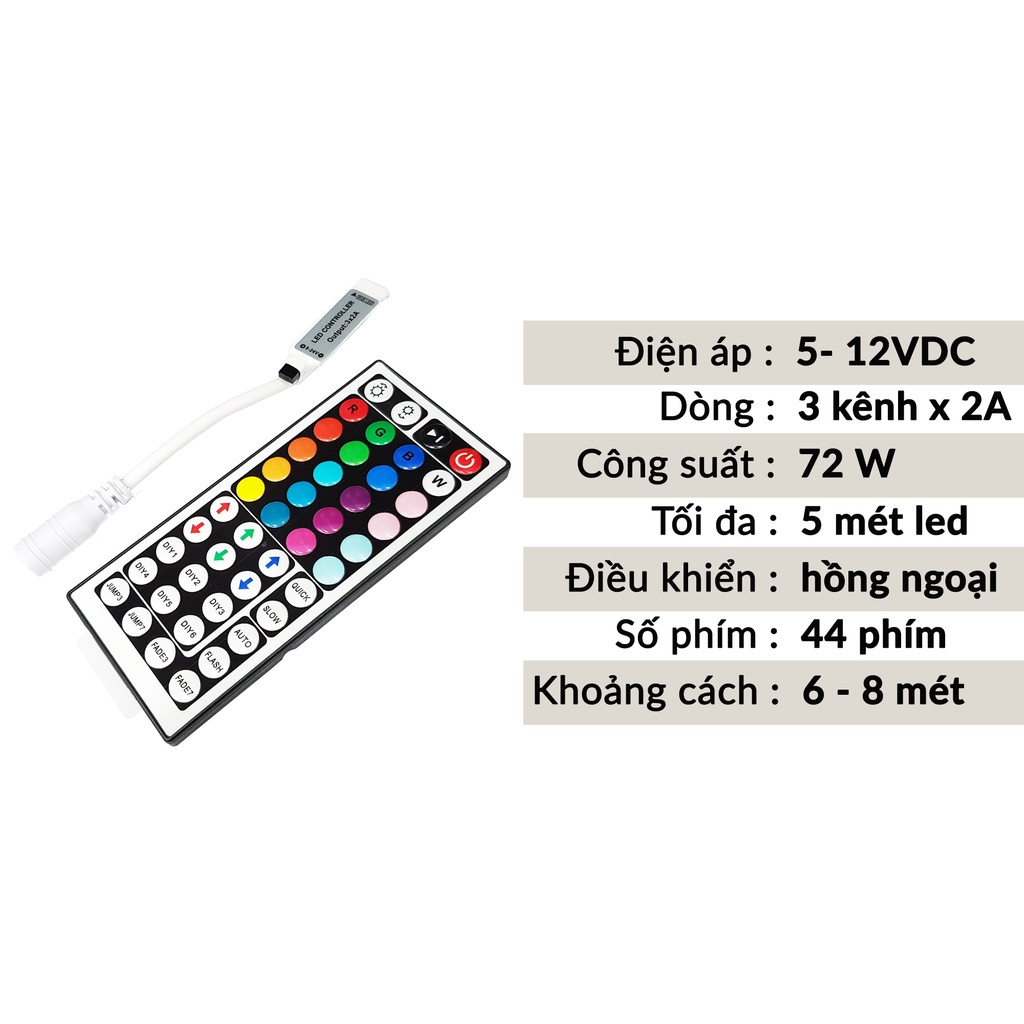 Bộ điều khiển Led RGB IR 44 phím cho led RGB 5050 / 3528 điện áp 5-12VDC