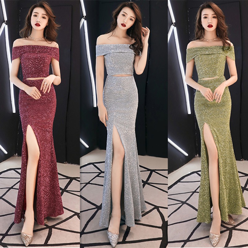 Váy Đầm Dạ Hội Trễ Vai Xẻ Tà Đuôi Cá Sang Trọng Và Gợi Cảm Màu Bạc Kim Sa