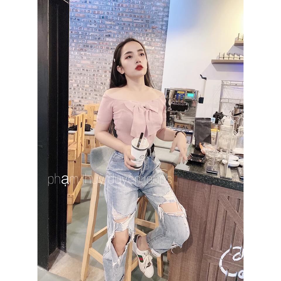 Áo len trễ vai nơ