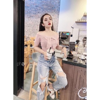 Áo len trễ vai nơ