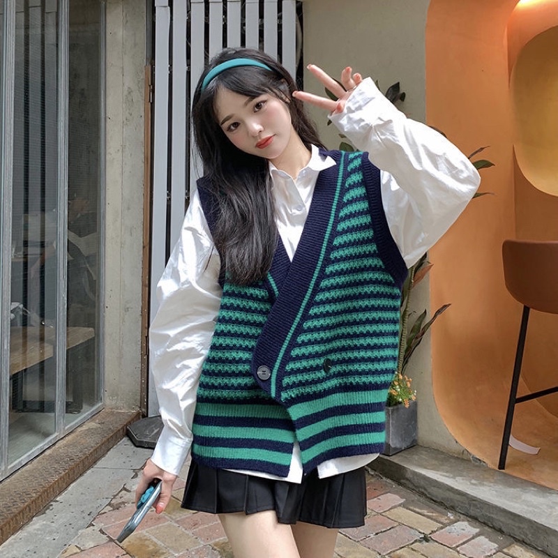 FREESHIP ÁO GILE KẺ SỌC CÀI CÚC VINTAGE NÂU XANH ĐEN