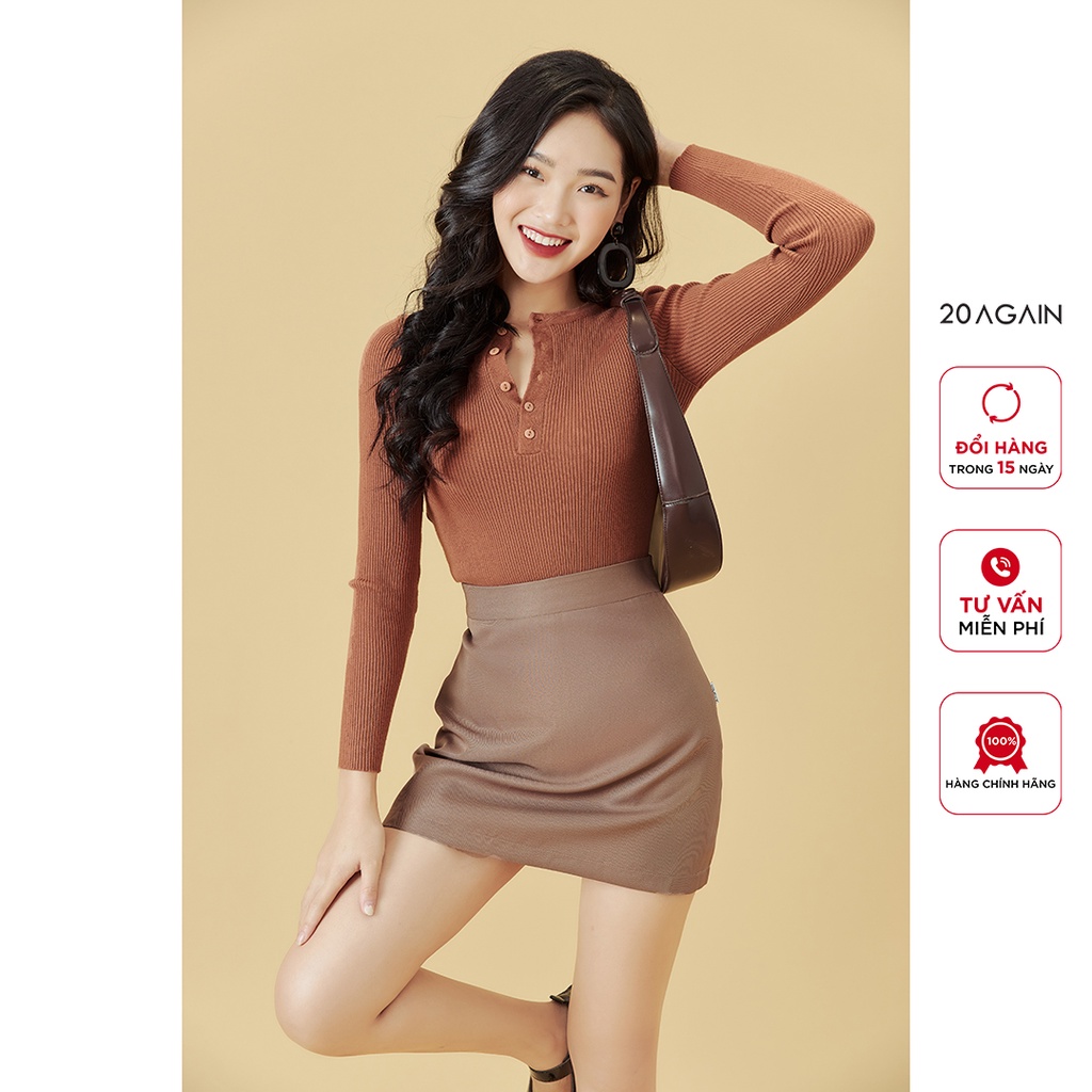 Áo len nữ ôm boby dài tay 20AGAIN, cổ tròn cúc cài, co giãn ALA0060