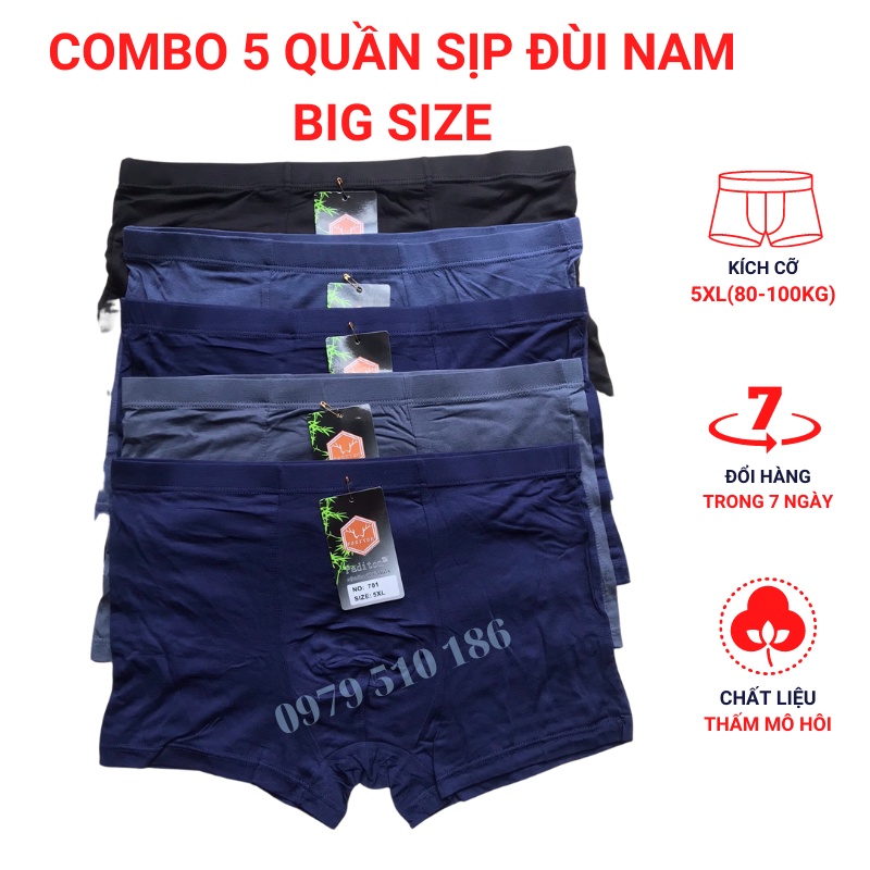 Bộ 5 Quần Lót Nam Boxer BigSize Thun Lạnh Từ 80-100kg Co Giãn Và Thấm Hút Mồ Hôi