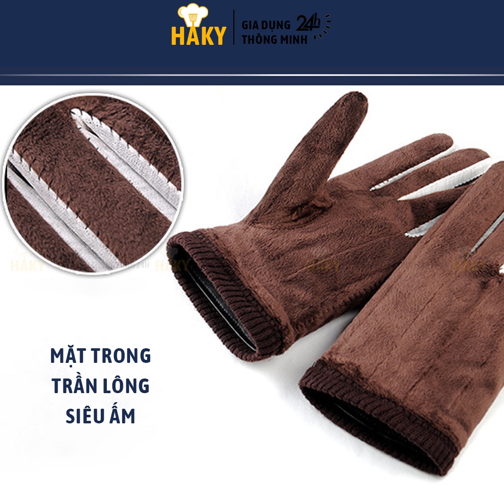 Găng tay da nam giữ ấm mùa đông lót lông bên trong, chống lạnh thiết kế cao cấp chống nước, HAKY028