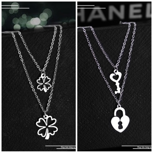 Dây chuyền inox 2 tầng cỏ 4 lá và chìa khoá