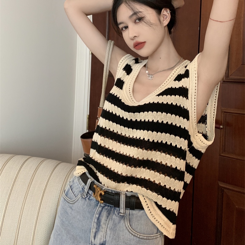 Áo Yếm Dệt Kim Sọc Áo Tanktop Dệt Kim Dáng Rộng Kẻ Sọc Cá Tính Thời Trang Hàn Quốc Cho Nữ