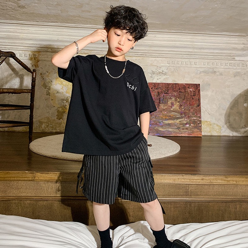 Áo Thun Tay Ngắn Màu Đen Chất Liệu Cotton Mỏng Thời Trang Mùa Hè Dành Cho Bé Trai 2022