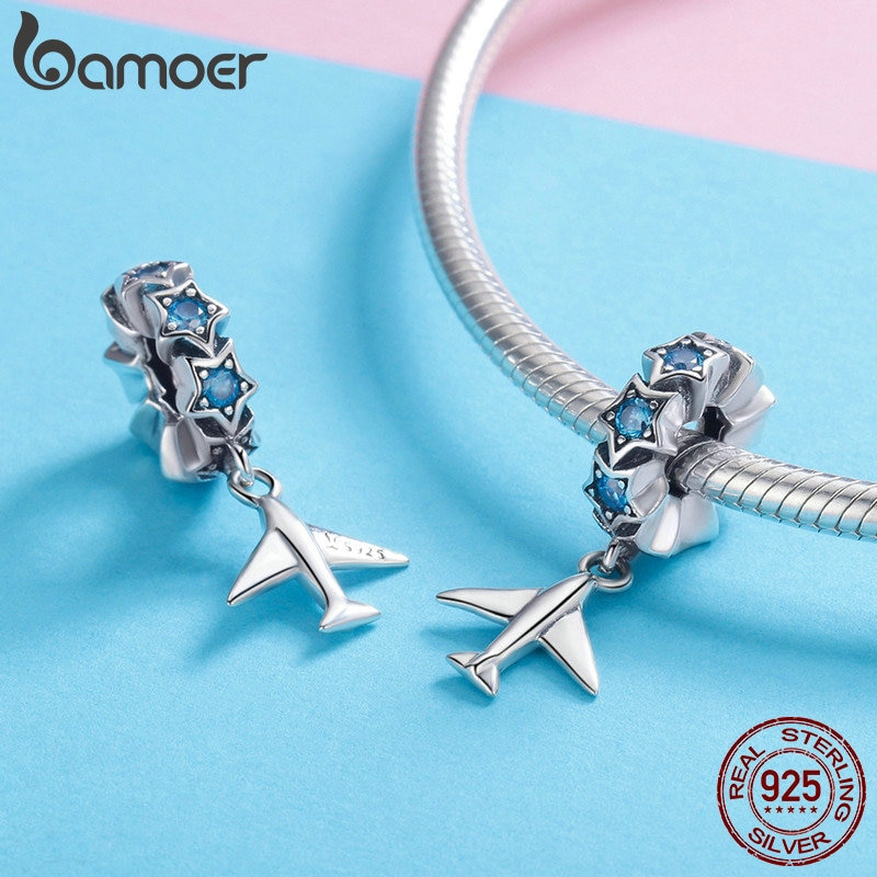 Hạt Trang Sức Bamoer Trang Trí Vòng Đeo Tay Hình Máy Bay Đính Đá Xanh Dương Bằng Bạc 925