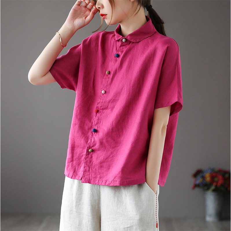 Ice linen cotton linen blouse slant placket color buttons lapel cotton linen short-sleeved T-shirt linen shirt