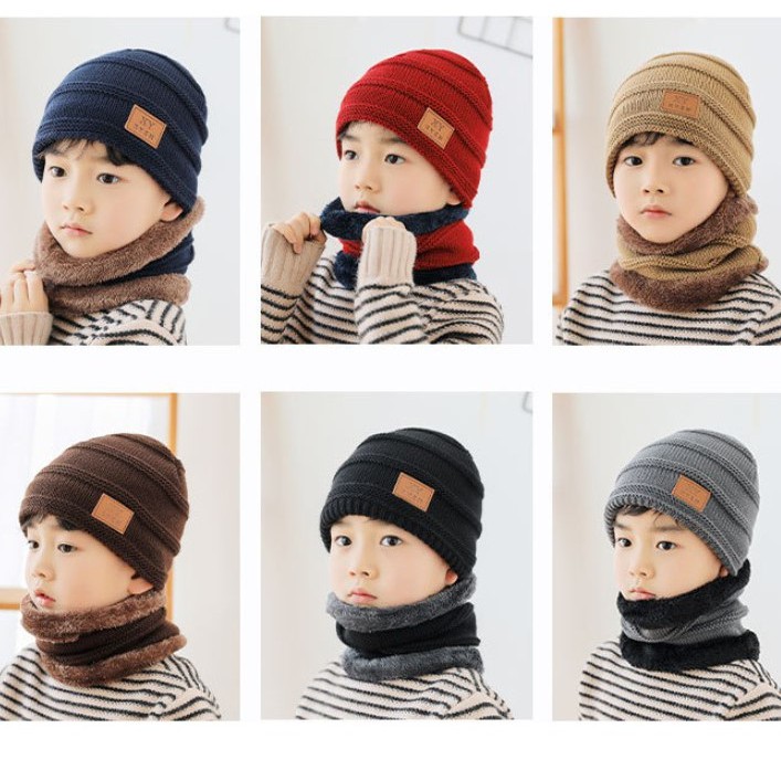 Mũ len cho bé trai hàn quốc kèm khăn quàng cổ YUDA nón len cho bé trùm đầu mùa đông giữ ấm tốt