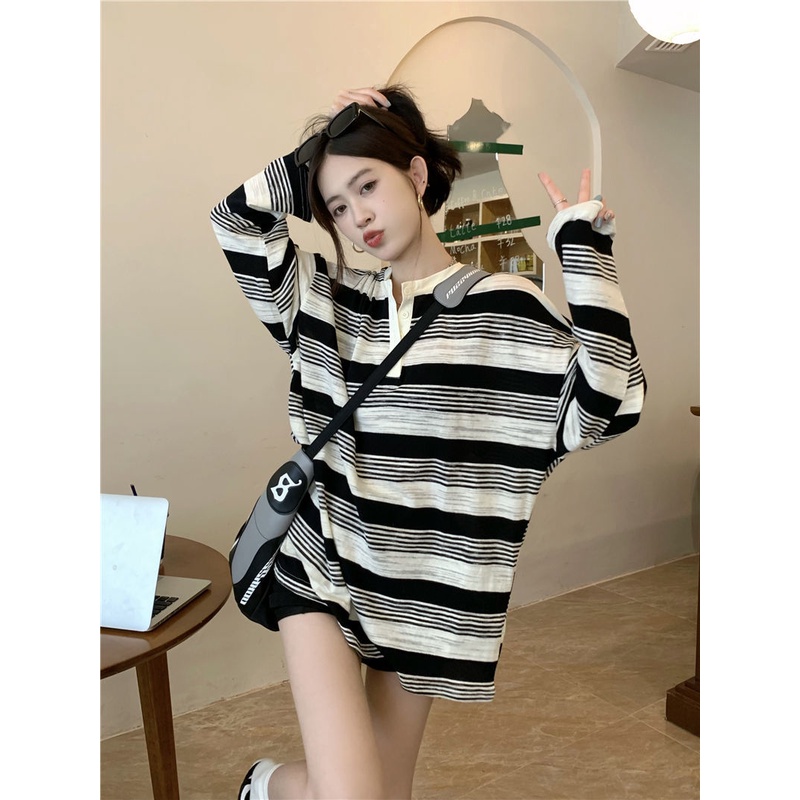 Jiashucheng Áo Thun Dài Tay Dáng Rộng Họa Tiết Kẻ Sọc Màu Sắc Tương Phản Phong Cách Hàn Quốc Cho Nữ