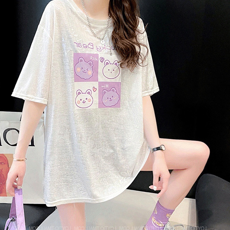 Áo Thun Lụa Lạnh Mỏng Dáng Rộng Tay Ngắn Thời Trang Mùa Hè Mới Cho Nữ