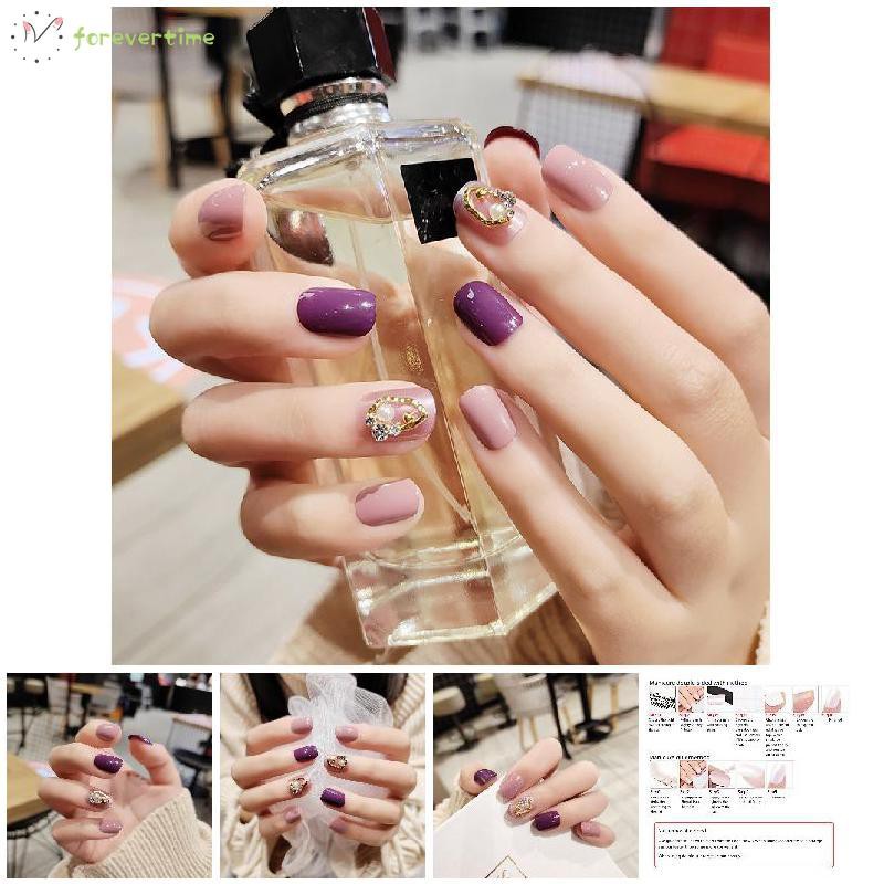 #New# Violet Constellation Short Purple Pink Jump Lovely Girl with Faux Diamond Decorative Fake Nail Patch Wearable Nail Patch