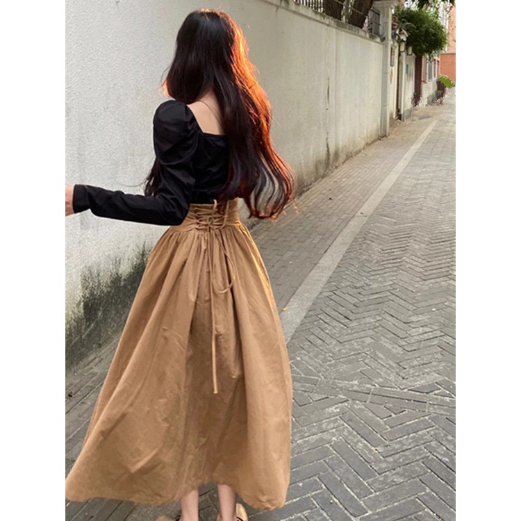 Áo Thun Tay Phồng Cổ Vuông + Chân Váy Lưng Cao Thời Trang Hàn Quốc Cho Nữ