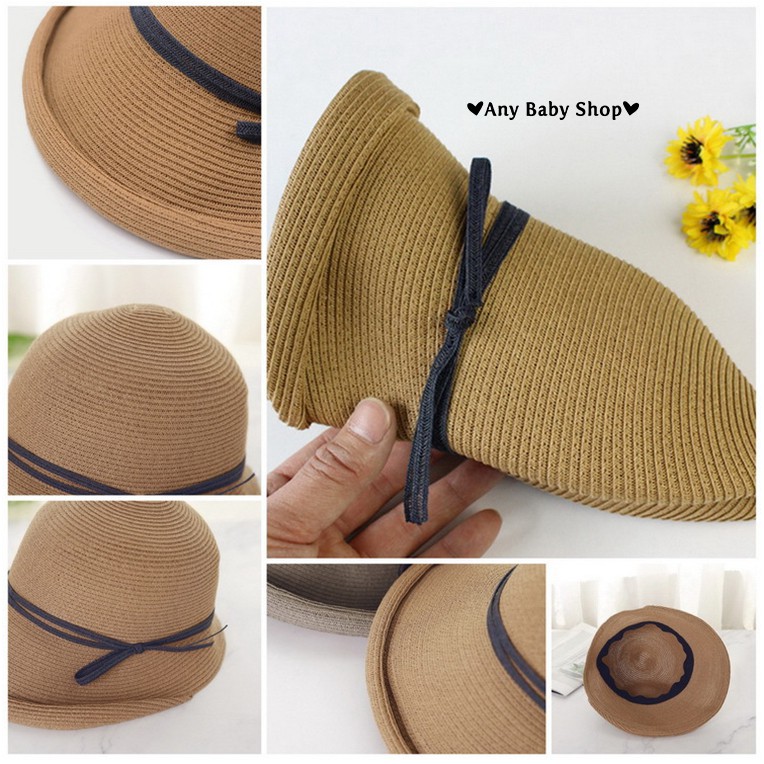 Mũ cói đi chơi, đi biển uốn vành đính dây nơ 5 màu sang chảnh- gấp gọn được (hàng có sẵn) ❣❣