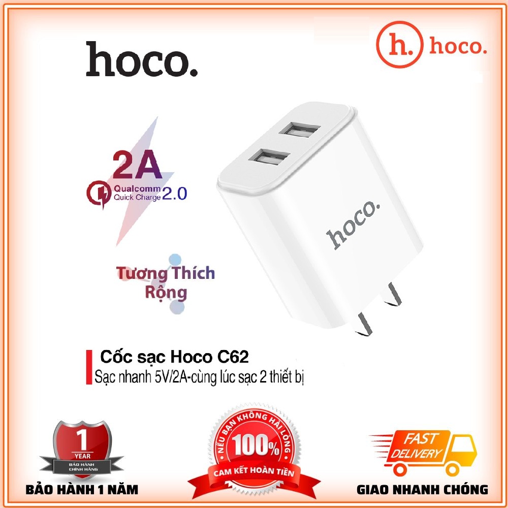 Củ Sạc Hoco C62/C73/C89 Cốc Sạc Điện Thoại 2 cổng USB Sạc Nhanh 2A Cho điện thoại - Bảo Hành 12T