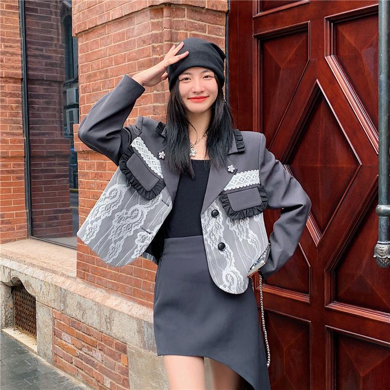 Áo khoác vest phối ren phong cách Hàn Quốc thời trang mùa thu mới 2021 dễ phối đồ
