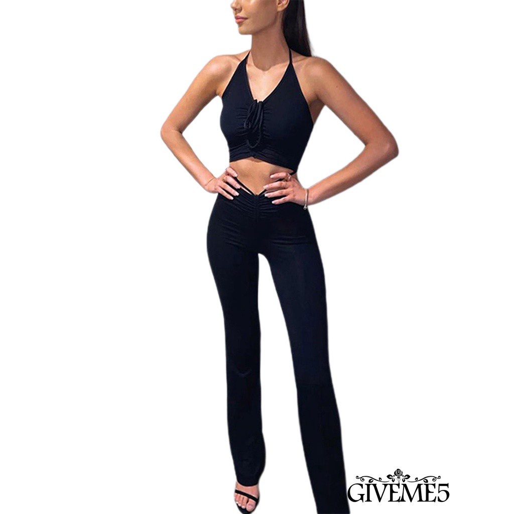 Set Áo Lửng Hai Dây Và Quần Dài Ống Loe Thời Trang Quyến Rũ Dành Cho Nữ