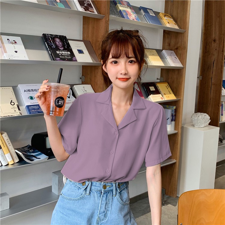 SUXI Áo Sơ Mi Nữ Tay Ngắn Màu Trơn Kiểu Dáng Đơn Giản