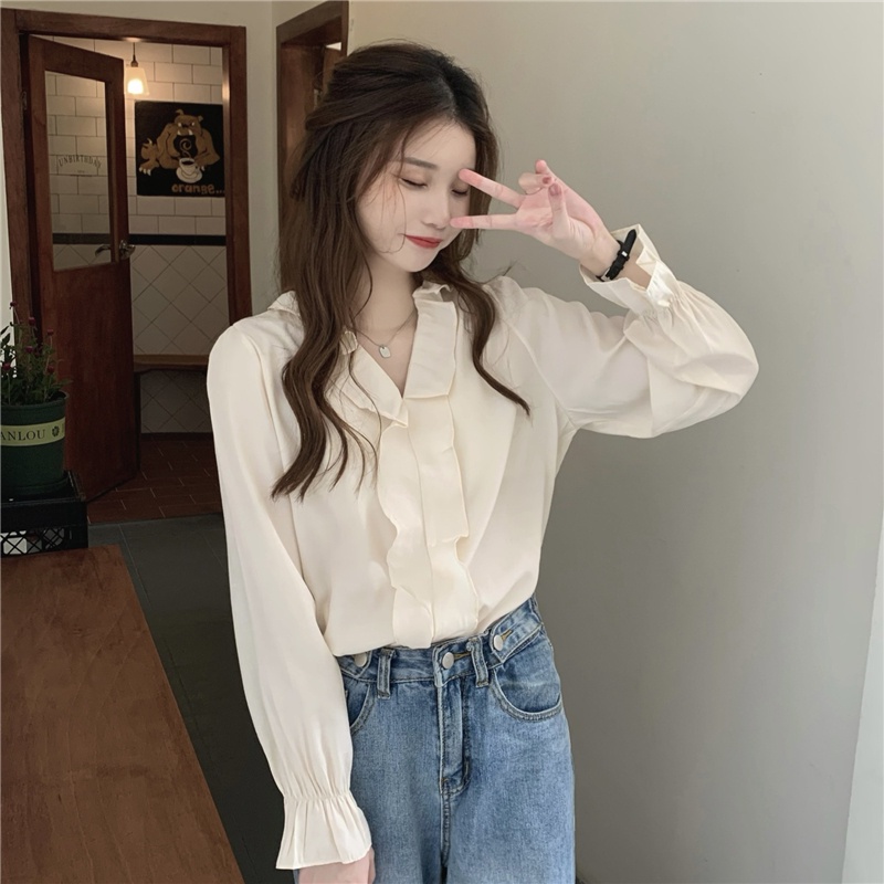 Áo Sơ Mi Chiffon Tay Dài Cổ Chữ V Phối Bèo Dễ Phối Đồ Thời Trang 49822