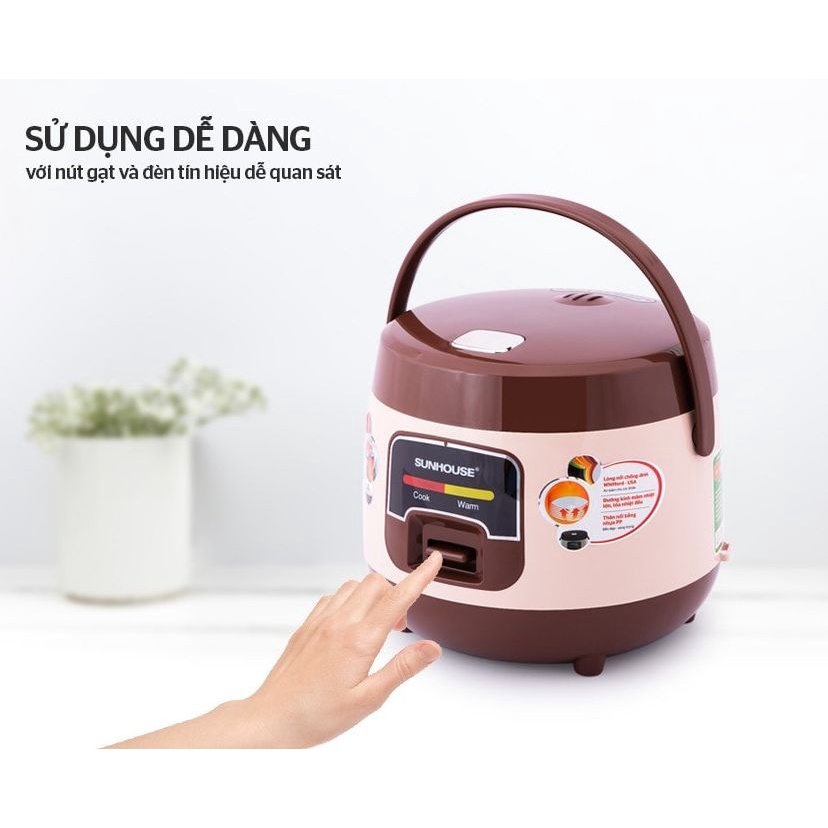 Nồi cơm điện nắp gài Sunhouse 1 lít SHD8208C- Mới 100% ,Lòng nồi 2 lớp dày 1.35 mm phủ chống dính Whitford