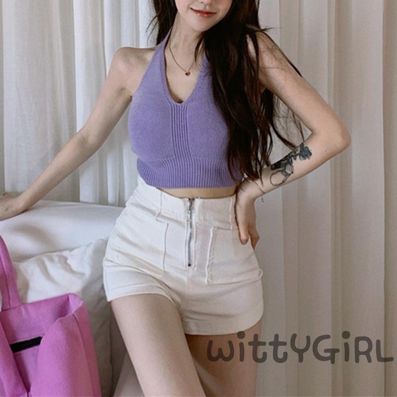 Áo croptop dệt kim cổ chữ V không tay màu sắc thời trang cho nữ
 | BigBuy360 - bigbuy360.vn