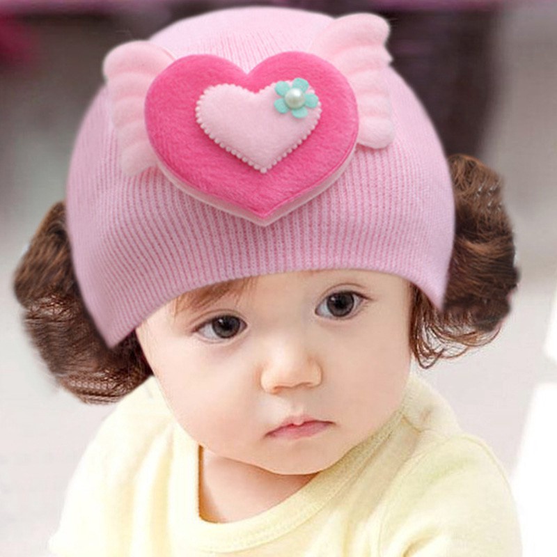 Mũ dệt kim giữ ấm trang trí tóc giả kiểu dáng thời trang mùa đông cho bé gái