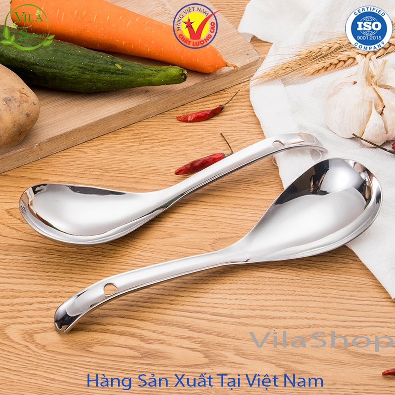 Muỗng Inox, Muỗng Múc Canh Inox Cán Cong Trơn 25.5 cm &amp; Cán Thẳng 22.5 cm Chính Hãng Việt Nhật Sản Xuất Trong Nước