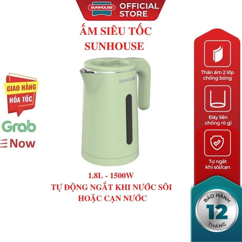 ấm đun nước siêu tốc SUNHOUSE SHD1353-2022 inox 2 lớp màu xanh 1.8L bình đun nước siêu tốc Tự động tắt khi sôi