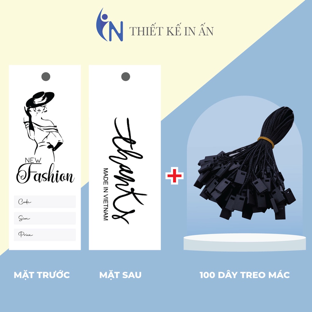 Mác quần áo100 mác + 100 Dây Treo Thẻ Bài Mác quần áo, Tag Nhãn quần áo, THIẾT KẾ IN ẤN cho shop quần áo, bìa cứng