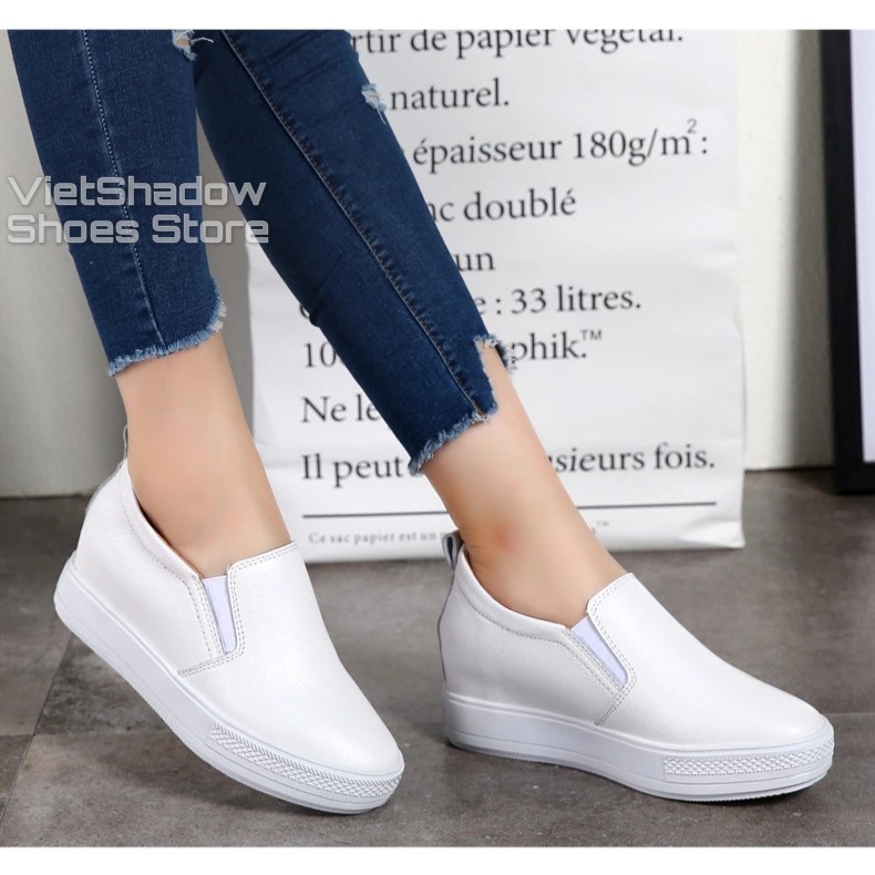 Slip on da nữ đế xuồng - Giày lười da nữ độn đế - Chất liệu da bò màu (trắng) và (đen) - Mã SP: 9909