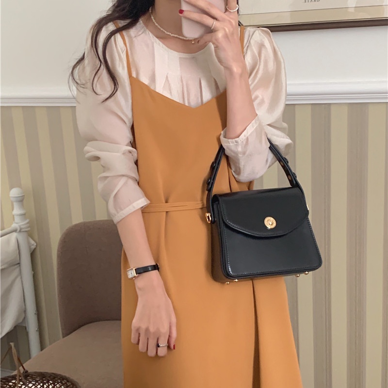 SUXI Bộ Áo Dài Tay + Đầm Hai Dây Màu Sắc Đơn Giản Phong Cách Hàn Quốc