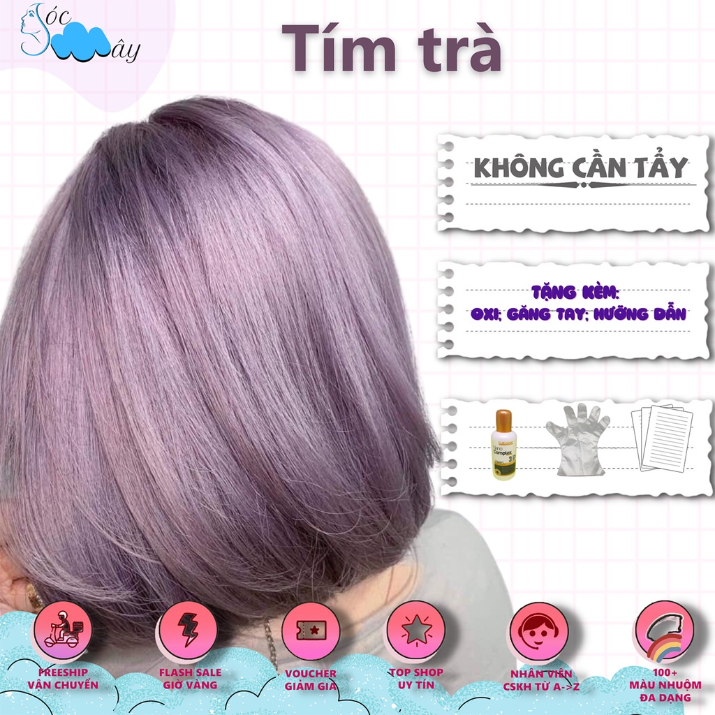 Thuốc nhuộm tóc màu Tím trà chính hãng (full bộ kèm oxy, gang tay, không làm khô tóc)