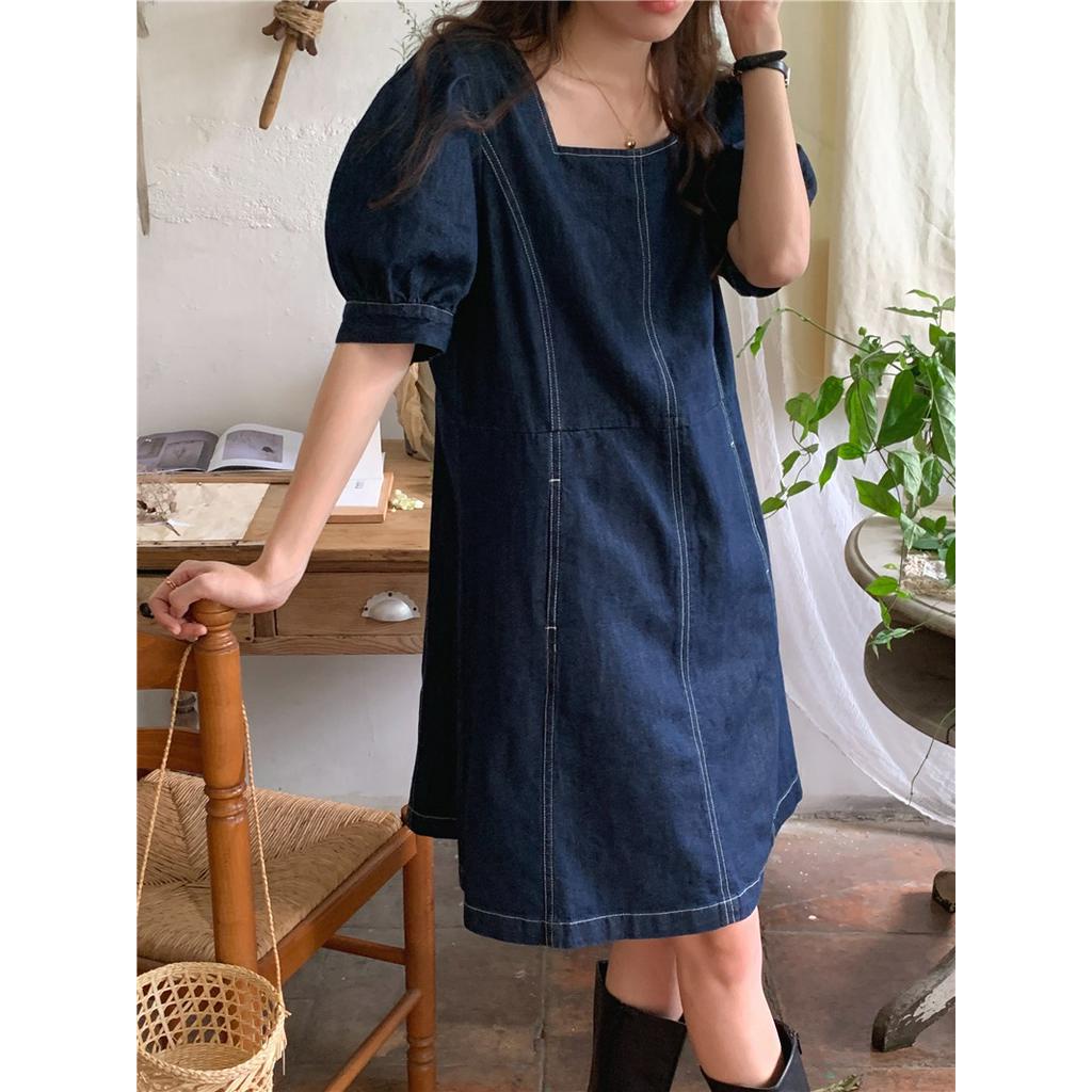 Đầm Denim Chữ A Cổ Vuông Ngắn Tay Dáng Rộng Thời Trang Hàn Quốc 53100