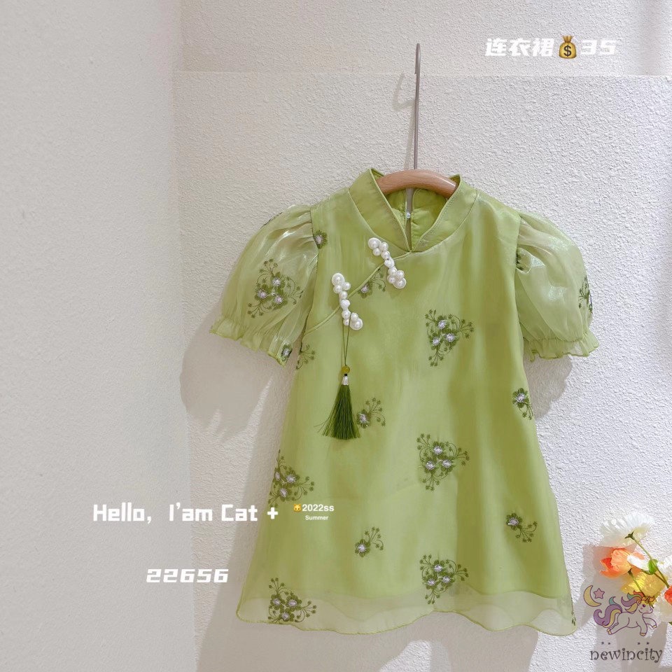 Đầm Sườn Xám Phối Lưới Thiết Kế Phong Cách Trung Hoa Dễ Thương Thời Trang Mùa Hè Cho Bé Gái