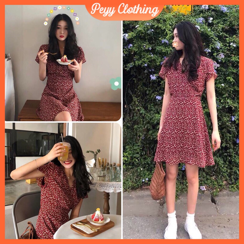 Đầm vintage hoa nhí cổ tim ngắn tay phong cách ulzzang Hàn Quốc V28 - Peyy Clothing