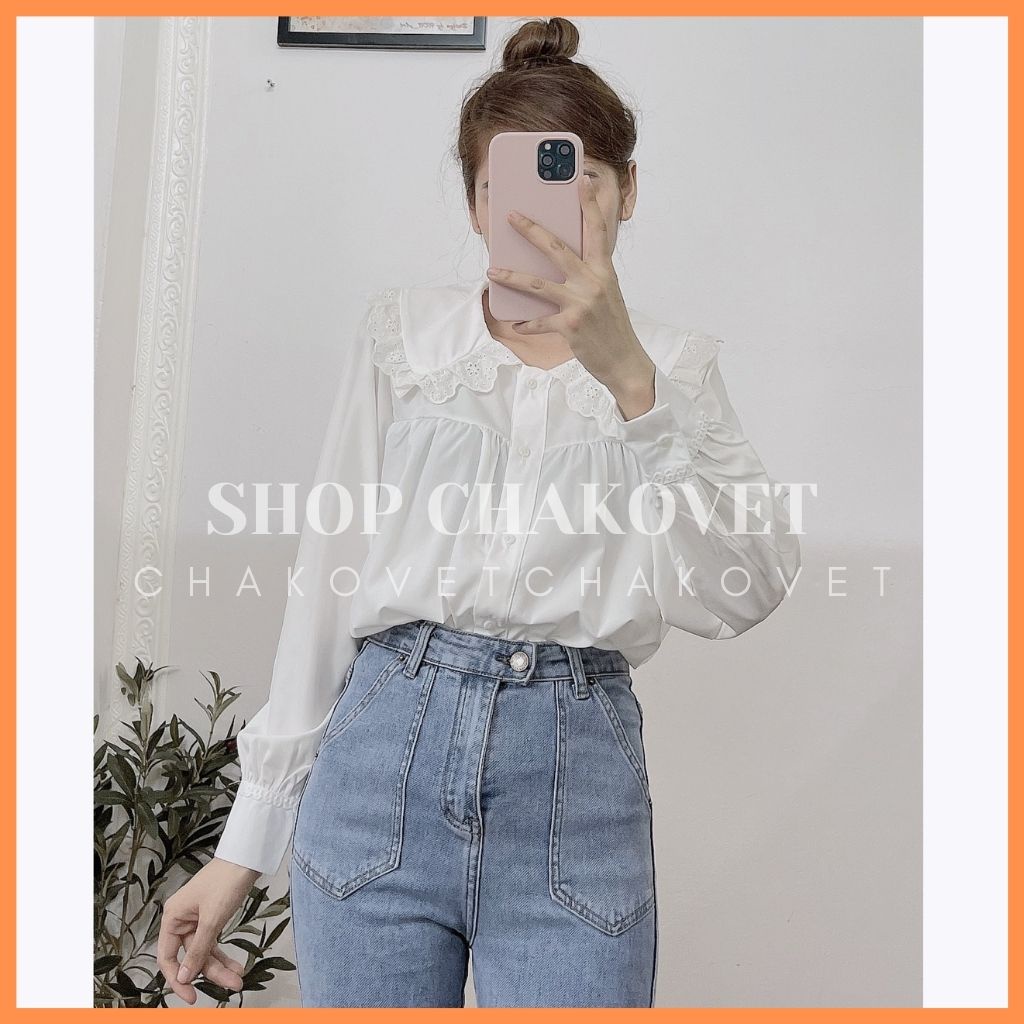 Áo sơ mi nữ tay dài form rộng CKA885, kiểu áo babydoll trắng tiểu thư thiết kế cổ bèo viền ren đẹp phong cách hàn quốc