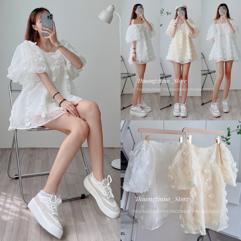 [Ảnh thật/Video]Áo trễ vai hoa nổi tay phồng MiO Nhẹ nhàng trẻ trunh Áo trễ vai Hàn Quốc hoa nổi