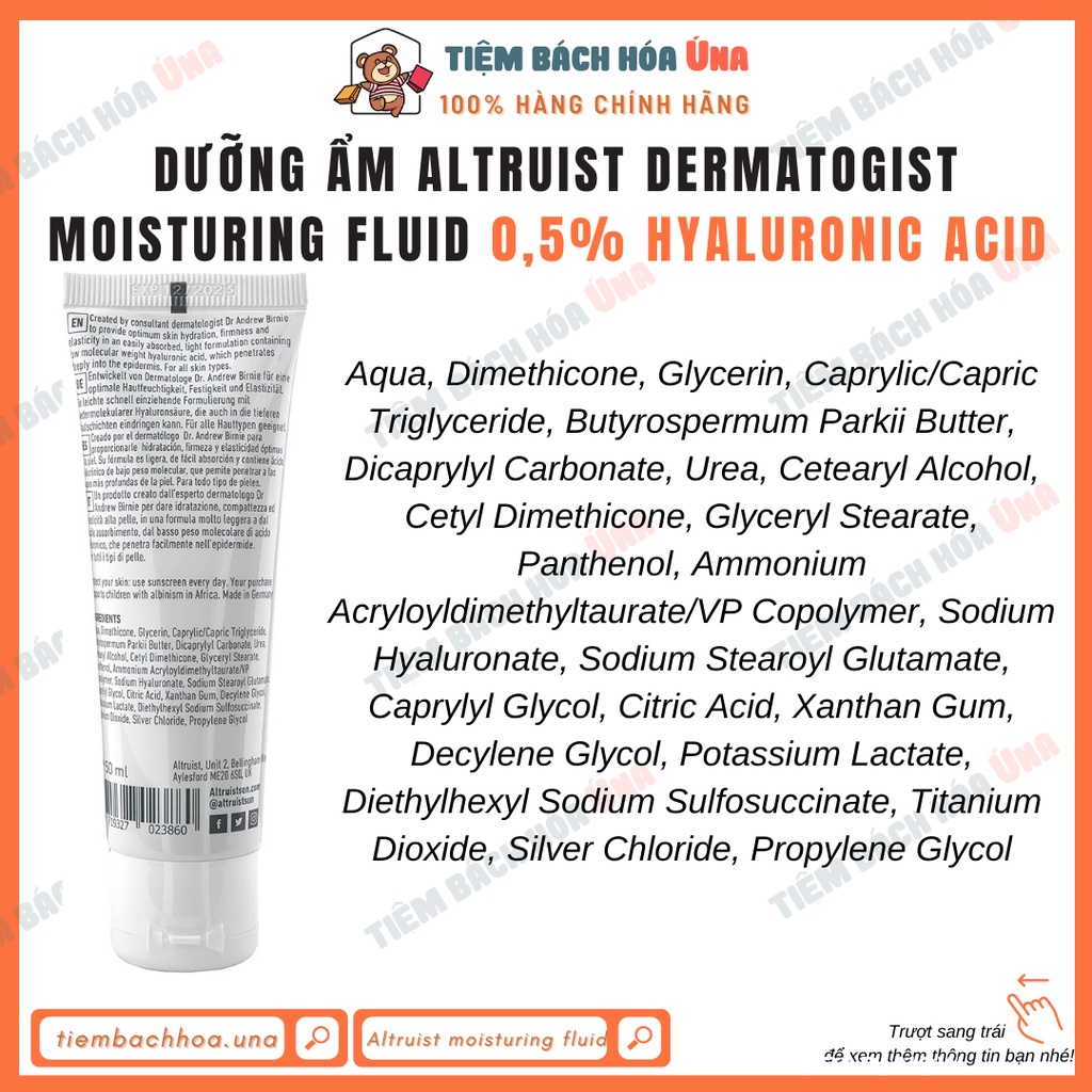 Kem dưỡng ẩm cấp nước Altruist 0,5% HYALURONIC ACID HA Dermatogist moisturing fluid cho da khô 50ml