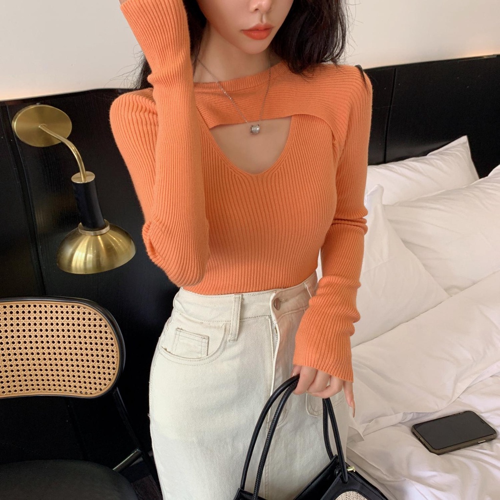 ZHELIHANGFEI Áo Dệt Kim Tay Dài Eo Cao Ôm Dáng Sang Trọng