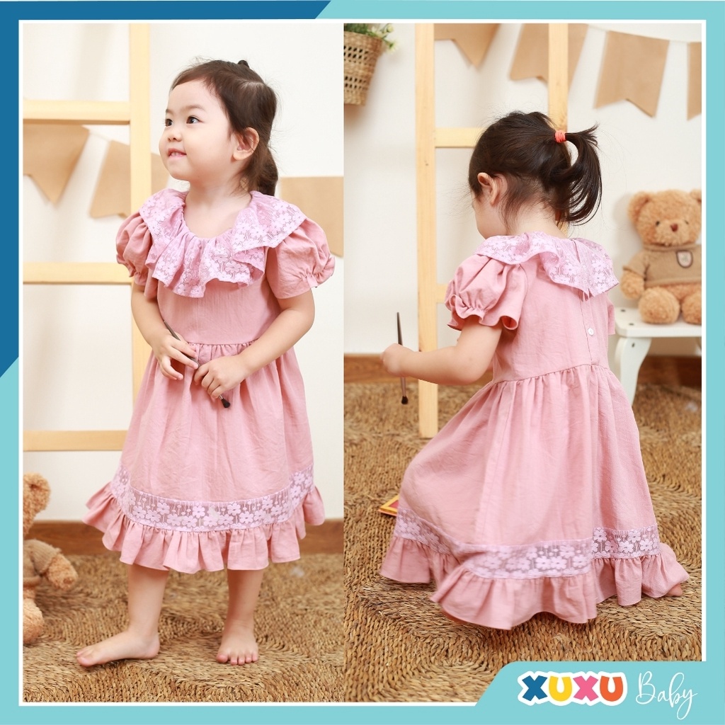Váy bé gái dáng xoè đuôi cá cổ bèo màu hồng